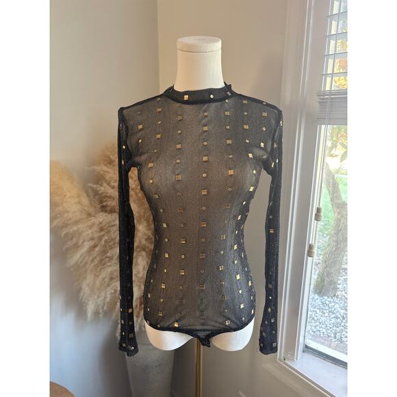Lulus Rooftop Party Black Mesh Bodysuit Top Small Gold Embellished Long Sleeve - Picture 5 of 11